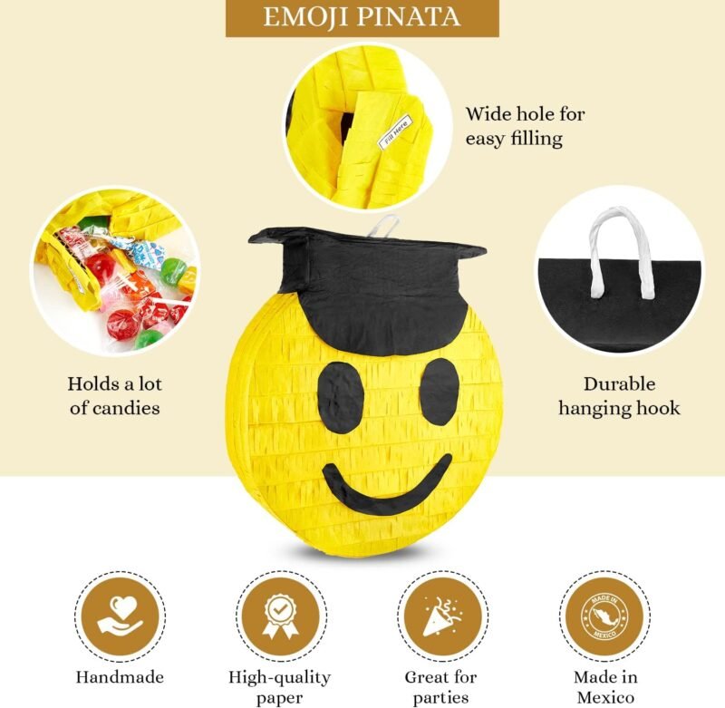 Congrats Grad Smiley Face Emoji Pinata - Piñatas for Graduation, Cinco de Mayo, Coco Themed Parties for Kids - High Quality Paper - Easy to Fill with Candy and Favors - Mexican Party Decorations - Image 2