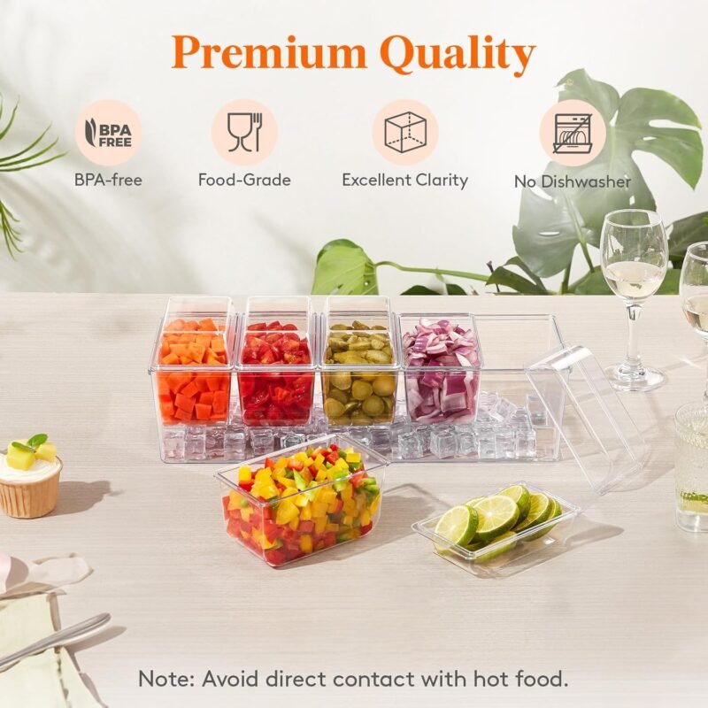 Lifewit Ice Chilled Condiment Caddy with 5 Containers(2.5 cup), Condiment Server with Separate Lids, Serving Tray Platter with Removable Dishes for Bar Accessories, Fruit, Salad, Taco, Party Garnish - Image 5