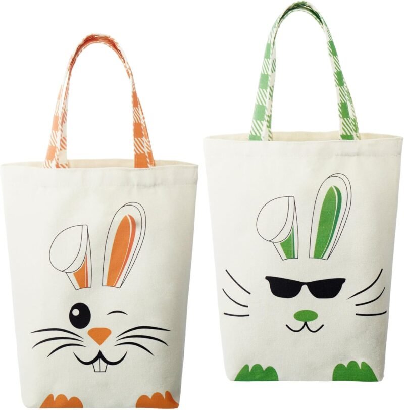 Weewooday 2 Pcs Easter Tote Bags for Kids Easter Canvas Gift Bags Bunny Ears Basket Bags for Boy Girl
