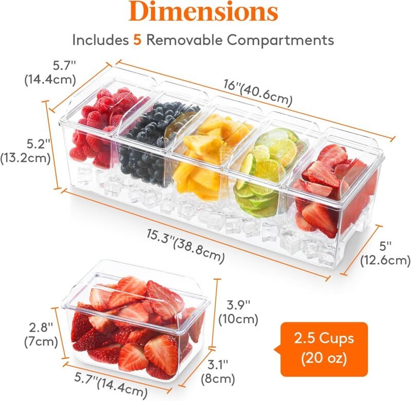 Lifewit Ice Chilled Condiment Caddy with 5 Containers(2.5 cup), Condiment Server with Separate Lids, Serving Tray Platter with Removable Dishes for Bar Accessories, Fruit, Salad, Taco, Party Garnish - Image 3