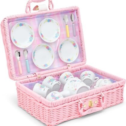 Porcelain Tea Set for Girls - Mini Ceramic Tea Cups with Pink Wicker Basket - Cute Tea Pot and Tiny Cups Set for Girls Tea Party - Ideal Gift for Kids Ages 8 Years - Unicorn Design, 13 Pieces