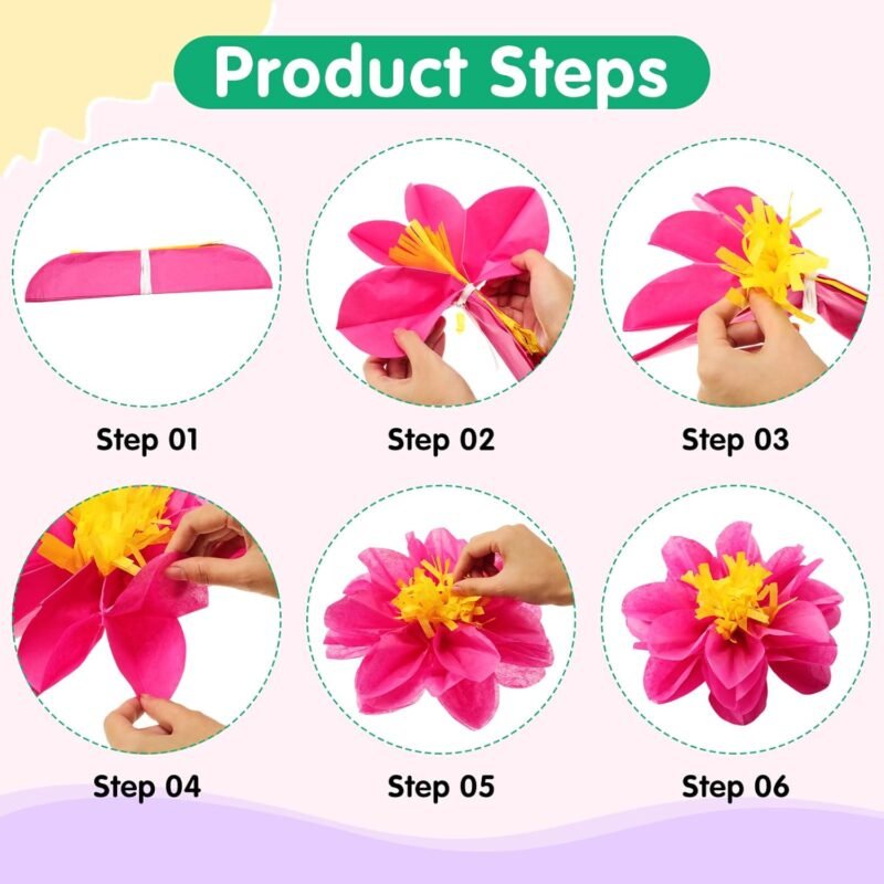 Geyee 12 Pcs 10" 20" Giant Mexican Fiesta Paper Flowers and 16 Pcs Leaves, Large Colorful Tissue Crepe Flowers Pom Poms Craft for Floral Backdrop Easter Wedding Birthday Party Decor(Elegant Color) - Image 4
