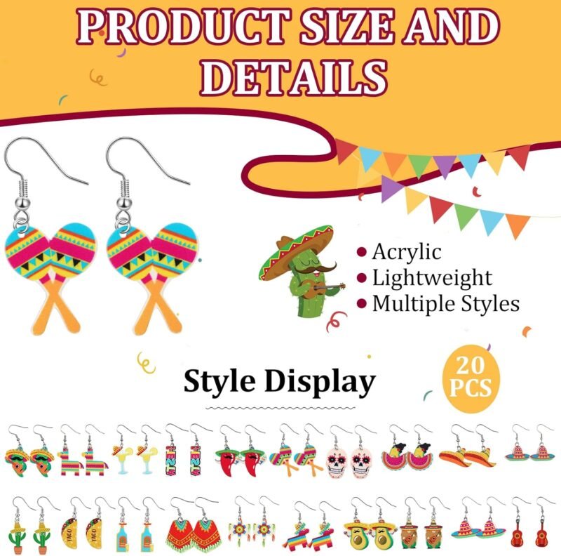 20 Pairs Cinco De Mayo Fiesta Earrings Acrylic Colorful Pinatas Sombrero Fiesta Drop Earrings Mexican Earrings for Women Taco Earrings for Mexico Theme Party Gift Jewelry Carnivals - Image 5