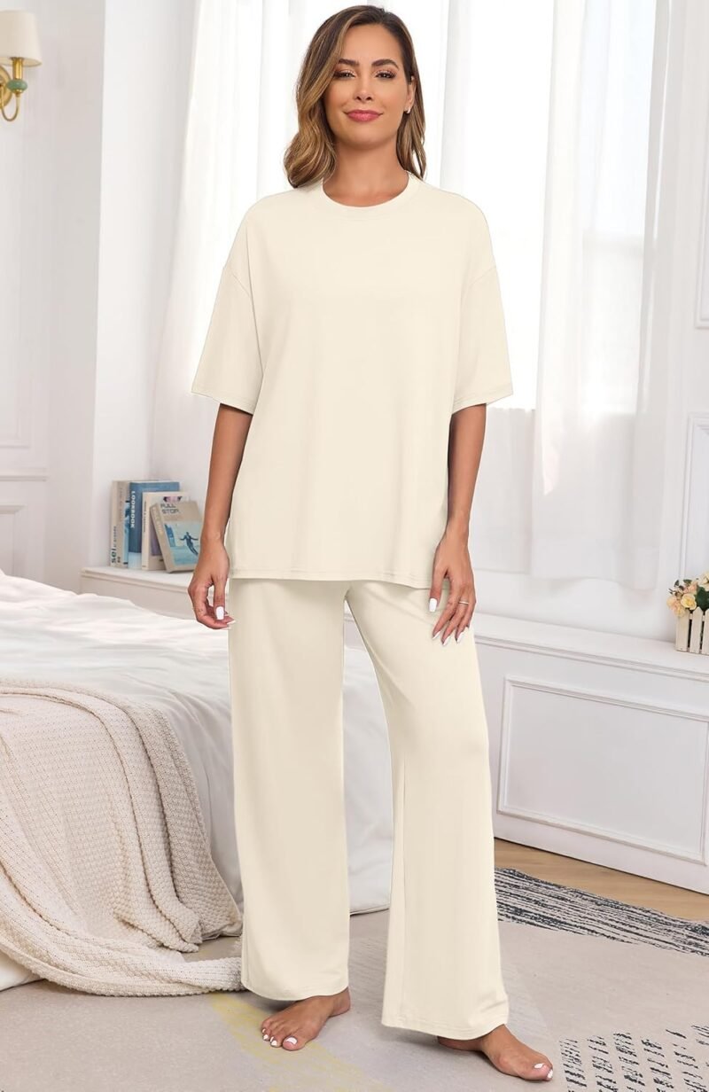 PrinStory Womens Pajamas Sets 2 Piece Lounge Set Short Sleeve Tops and Long Pants Soft Pjs Loungewear with Pockets - Image 2