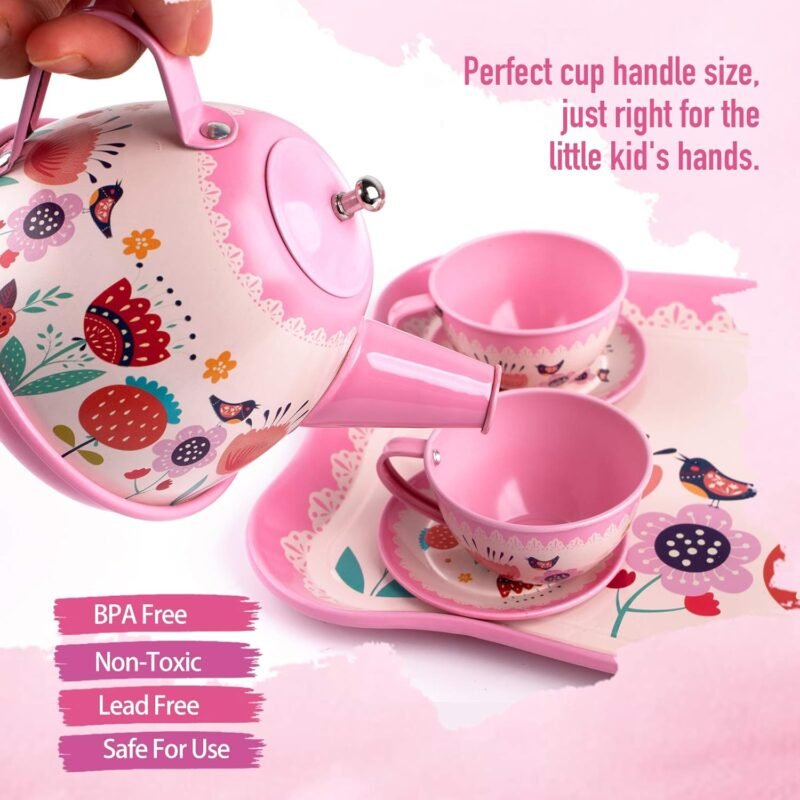 D-FantiX Kids Tea Set for Little Girls, 15Pcs Pink Tin Tea Party Set for Toddlers Afternoon Tea Time Playset with Metal Teapots Tea Cups Play Dishes Princess Toys Gifts with Carry Case - Image 3