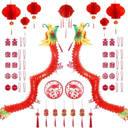 2025 Chinese New Year Gragon Lanterns Set - 38 Pieces Lunar New Year Paper Dragon Lanterns - Symmetric Gragon Garland Hanging Decorations Set for 2025 Spring Festival Party Decor