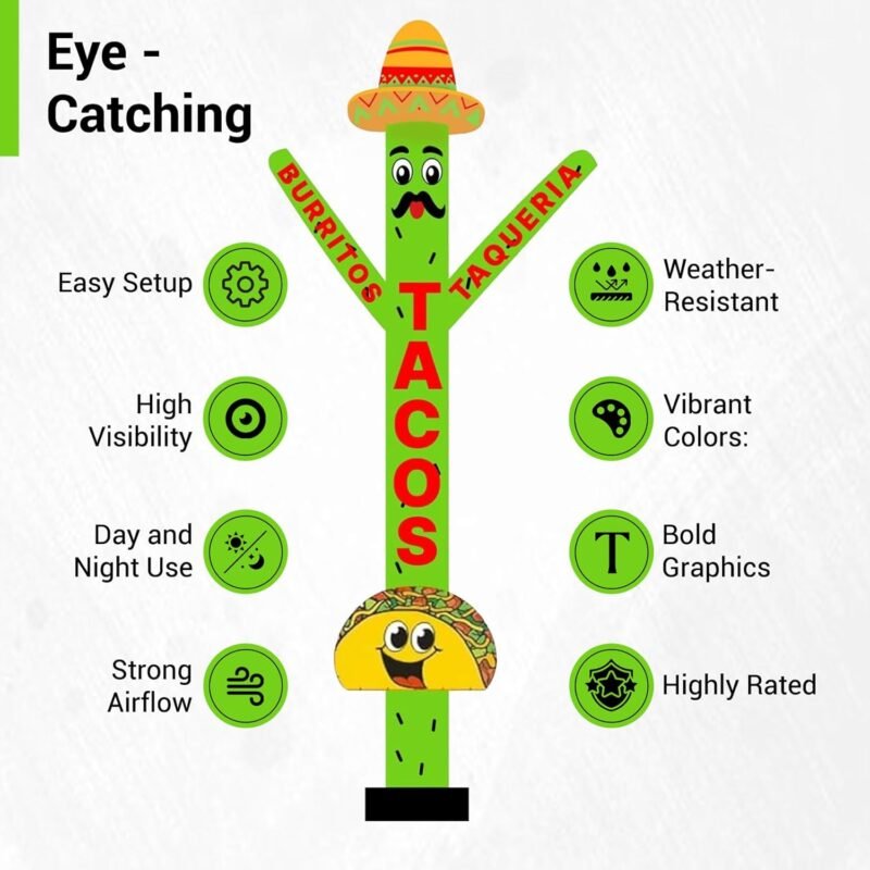 20ft Tacos Air Inflatable Dancer Puppet with Sombrero Hat - Eye-Catching Taco Burritos & Taqueria Advertising for Mexican Restaurants Events Promotions – Durable Colorful Sky Tubeman (Without Blower) - Image 5