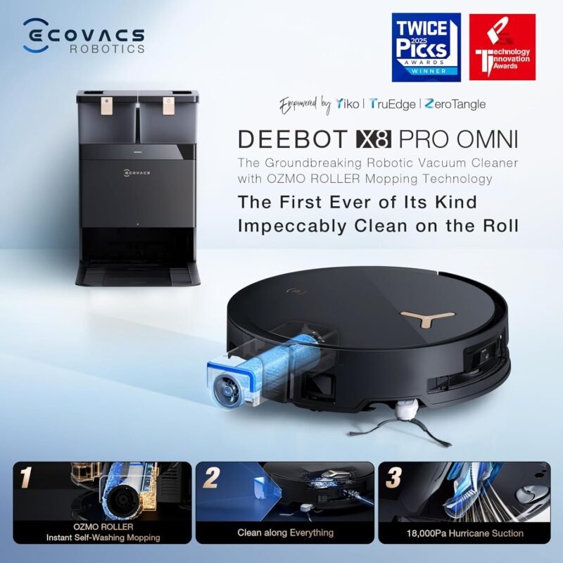 ECOVACS DEEBOT X8 PRO OMNI Robot Vacuum and Mop, 18000Pa, OZMO ROLLER Instant Self-Washing Mopping, 167℉ Hot Water Mop Washing, Auto Cleaning Solution Adding, Hot Air-Drying, Self-Emptying, Black - Image 9