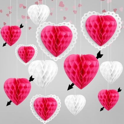 KatchOn Hanging Hearts Decorations - Pack of 9 | Honeycomb Hearts for Cupid, Anniversary, Wedding | Heart Honeycomb Decor