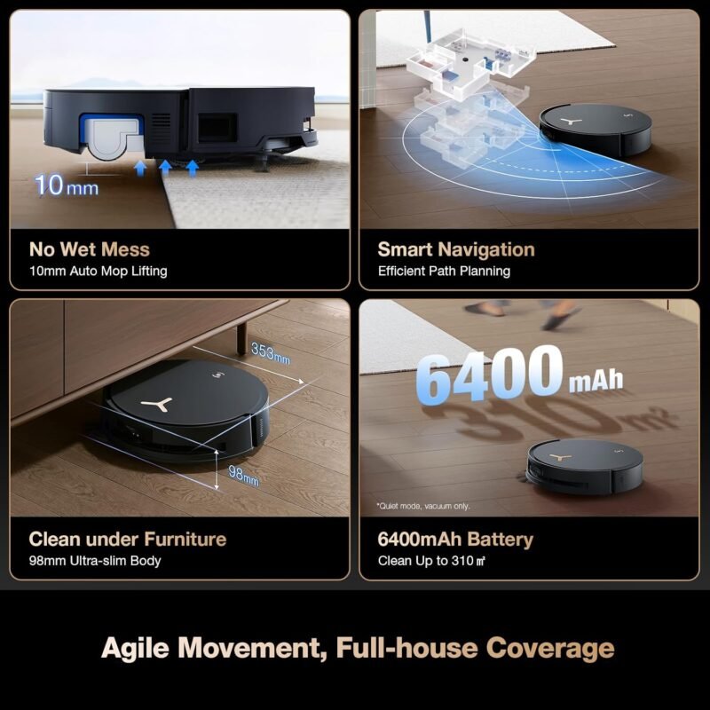 ECOVACS DEEBOT X8 PRO OMNI Robot Vacuum and Mop, 18000Pa, OZMO ROLLER Instant Self-Washing Mopping, 167℉ Hot Water Mop Washing, Auto Cleaning Solution Adding, Hot Air-Drying, Self-Emptying, Black - Image 7