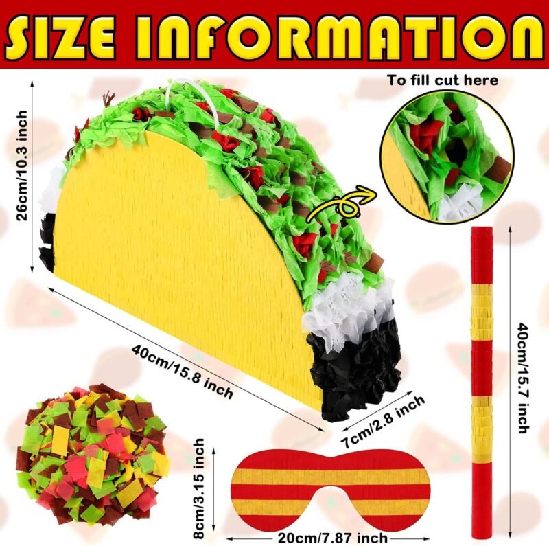 Mini Taco Piñata Mexican Decorations Taco Party Supplies Fiesta Cinco De Mayo Party Decorations with Wooden Stick Paper Blindfold Confetti Set for Adults Girls and Boys, 15.8x 10.3 x 2.8 Inch - Image 2
