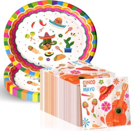 Dereinwo 50Pcs Fiesta Large 12" x 10" Oval Paper Plates and Napkins Disposable Heavy Duty Paper Plates and Napkins for Cinco De Mayo Party Supplies
