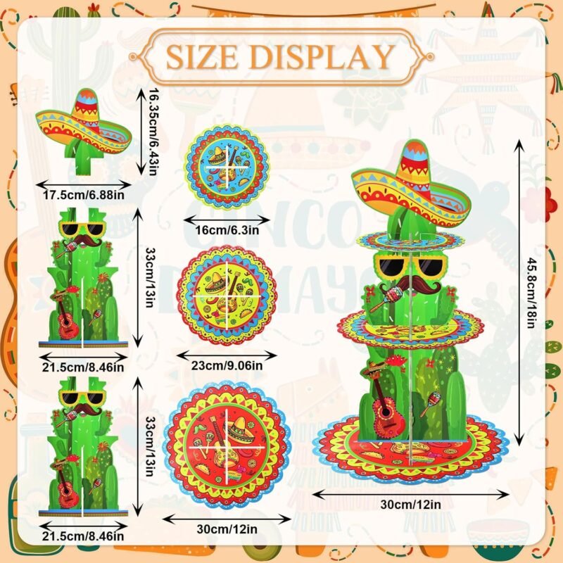 3-Tier Mexican Fiesta Cupcake Stand - 18 Inches Tall, Cactus and Sombrero Design Dessert Stand Holder Display for Cinco de Mayo, Taco Party Supplies, Birthday, and Mexican Theme Decorations - Image 2