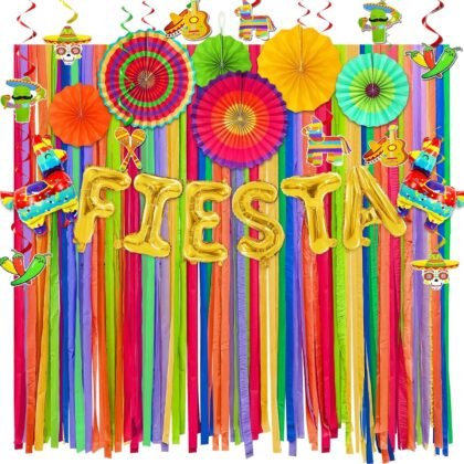 TURNMEON 32 Pcs Cinco De Mayo Party Decorations, Mexican Fiesta Party Decorations Colorful Crepe Paper Streamers Paper Fans Pinata Balloons Hanging Swirls Mexican Theme Supplies Taco Birthday