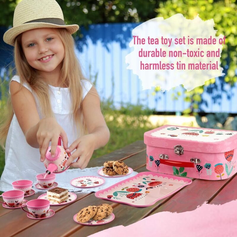 D-FantiX Kids Tea Set for Little Girls, 15Pcs Pink Tin Tea Party Set for Toddlers Afternoon Tea Time Playset with Metal Teapots Tea Cups Play Dishes Princess Toys Gifts with Carry Case - Image 6