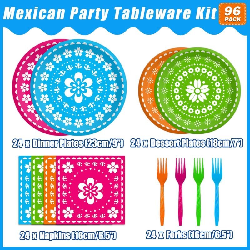 96 Pcs Fiesta Party Plates, Mexican Cinco De Mayo Party Decorations Supplies Mexican Papel Picado Disposable Paper Plates Napkins for Taco Carnival Birthday Baby Shower Tableware, Serves 24 - Image 2