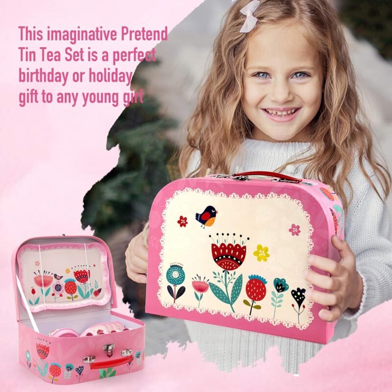 D-FantiX Kids Tea Set for Little Girls, 15Pcs Pink Tin Tea Party Set for Toddlers Afternoon Tea Time Playset with Metal Teapots Tea Cups Play Dishes Princess Toys Gifts with Carry Case - Image 7