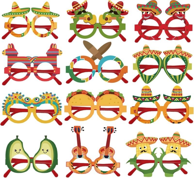 12 Pcs Cinco De Mayo Plastic Party Glasses Frames, Cactus Taco Pinata Fiesta Eyeglasses For Mexican Fiesta Party Decorations, Cinco De Mayo Party Photo Booth Props