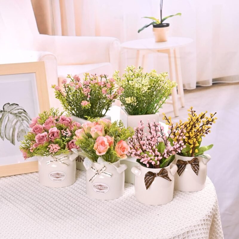 LUEUR 6Pcs Artificial Flowers with Ceramic Pot Fake Flower Arrangements Small Faux Spring Flowers in Vase Home Spring Decor, Centerpiece Table Decorations for Farmhouse Office Shelf Dining Table - Image 5