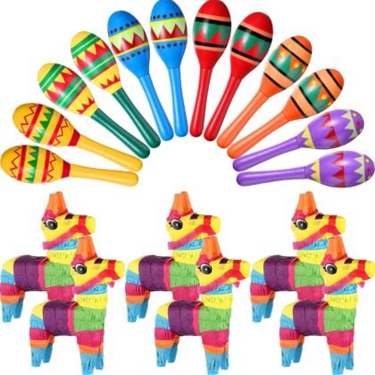 Hungdao 18 Pcs Mexican Fiesta Decor Include 12 Wooden Maracas Bulk 6 Mini Donkey Piñatas Mexican Theme Decorations for Maracas Party Favors Adults Cinco De Mayo Party Props