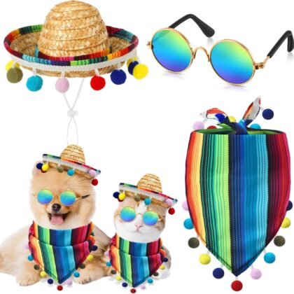 JaGely 3 Pcs Mexican Dog Costume Multicolor Cinco De Mayo Fiesta Cat Bandana with Pom Poms Porch Goose Outfits Mini Sombrero Mexican Hats Retro Pet Sunglasses Costume Accessories for Small Dog and Cat