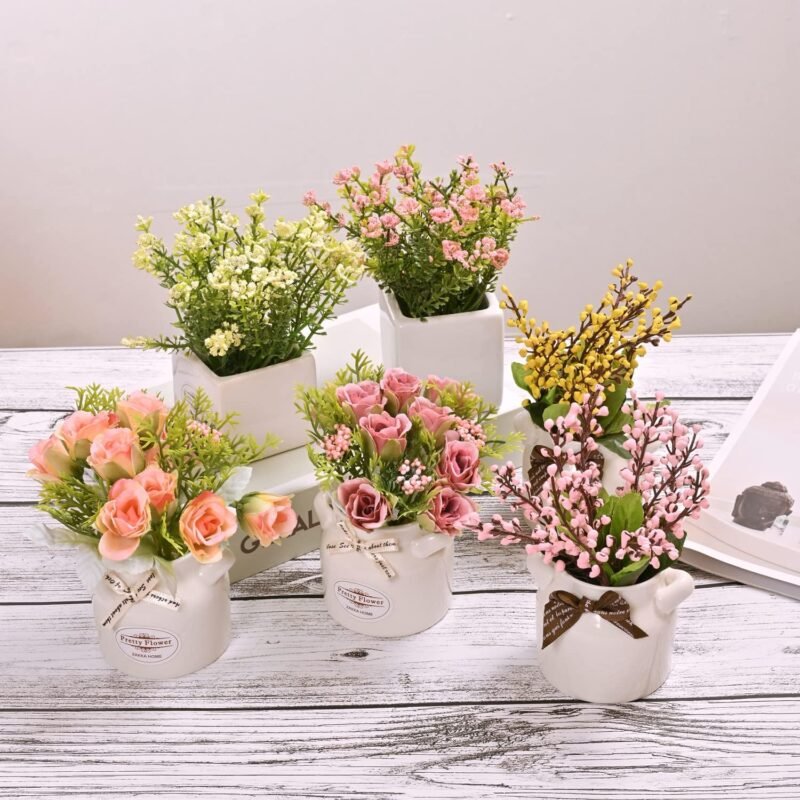 LUEUR 6Pcs Artificial Flowers with Ceramic Pot Fake Flower Arrangements Small Faux Spring Flowers in Vase Home Spring Decor, Centerpiece Table Decorations for Farmhouse Office Shelf Dining Table - Image 6