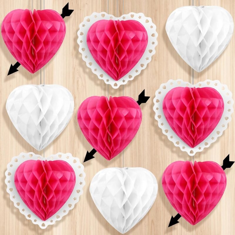 KatchOn Hanging Hearts Decorations - Pack of 9 | Honeycomb Hearts for Cupid, Anniversary, Wedding | Heart Honeycomb Decor - Image 8
