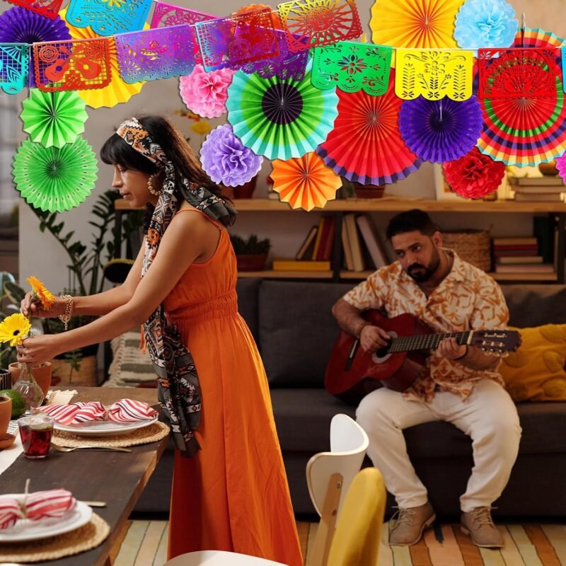 TaoBary 22 Pcs Mexican Party Decorations Set Mexican Banners Paper Flowers Fans Foil Fringe Curtains Backdrop Paper Pom Pom Fiesta Party Decorations for Cinco De Mayo Day of the Dead Decor - Image 6