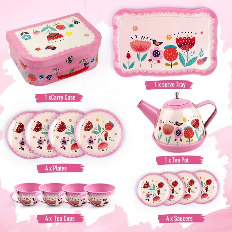 D-FantiX Kids Tea Set for Little Girls, 15Pcs Pink Tin Tea Party Set for Toddlers Afternoon Tea Time Playset with Metal Teapots Tea Cups Play Dishes Princess Toys Gifts with Carry Case - Image 2
