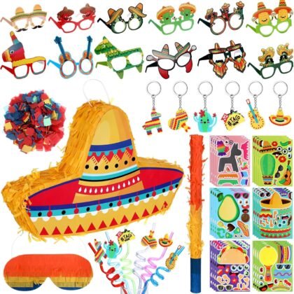 Mexican Party Decorations Include Mexican Sombrero Hat Piñata with Stick Blindfold Confetti 24 Sheets Stickers 6 Keychains 6 Straws 12 Paper Eyeglasses Fiesta Party Favors for Cinco De Mayo