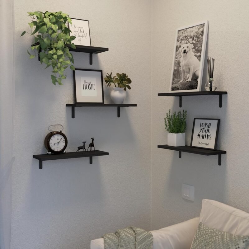 Floating Shelves, 5 Sets Wall Shelves, Wood Floating Shelves for Bedroom Wall Décor, Wall Mounted Floating Bathroom Shelf for Storage, Floating Book Shelf, Living Room – Black - Image 7