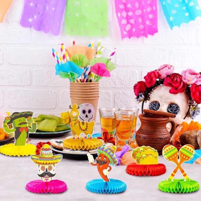 12pcs Fiesta Mexican Party Table Decoration Centerpiece - 8” Paper 5 Cinco De Mayo Party Table Decoration Honeycomb for Fiesta Mexican Themed Taco Party Birthday Day of the Dead Decor Supplies - Image 2