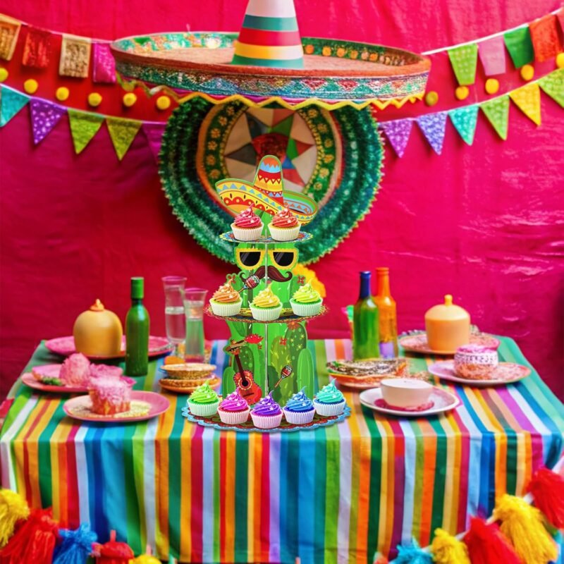 3-Tier Mexican Fiesta Cupcake Stand - 18 Inches Tall, Cactus and Sombrero Design Dessert Stand Holder Display for Cinco de Mayo, Taco Party Supplies, Birthday, and Mexican Theme Decorations - Image 8