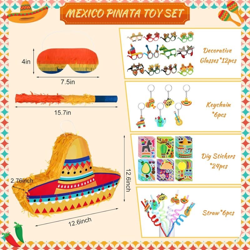 Mexican Party Decorations Include Mexican Sombrero Hat Piñata with Stick Blindfold Confetti 24 Sheets Stickers 6 Keychains 6 Straws 12 Paper Eyeglasses Fiesta Party Favors for Cinco De Mayo - Image 2