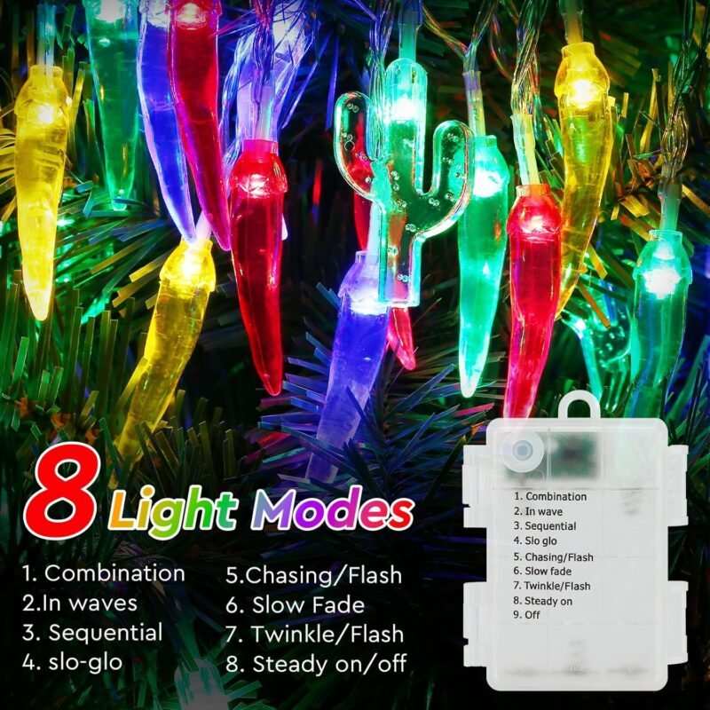 21FT [ 8 Modes & Timer ] Chili Pepper Lights 40LED Cactus String Lights Battery Operated for Indoor Outdoor Garden Pool Kitchen Garden Summer Beach Tropical Mexican Party Cinco De Mayo Decorations - Image 3