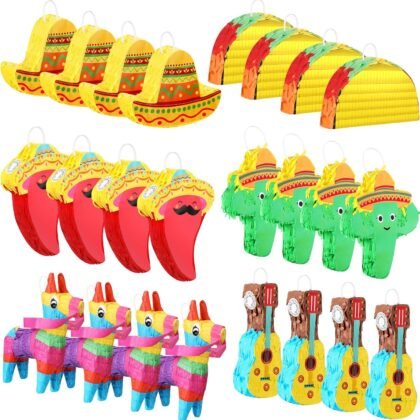 24 Pcs Mini Piñata Bulk for Cinco De Mayo, Chili Piñatas Guitar Piñatas Hat Piñatas Cactus Piñatas Donkey Piñatas Taco Cookies Piñatas for Mexican Themed Party Decoration Family Gathering