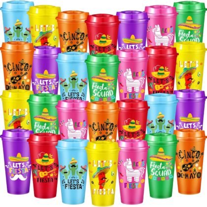 Pickmesh 28 Pack Fiesta Reusable Coffee Cup for Cinco De Mayo Party Decorations, 16 oz Mexican Tumblers with Lid Plastic Cups Travel Coffee Mug for Fiesta Taco Birthday Party