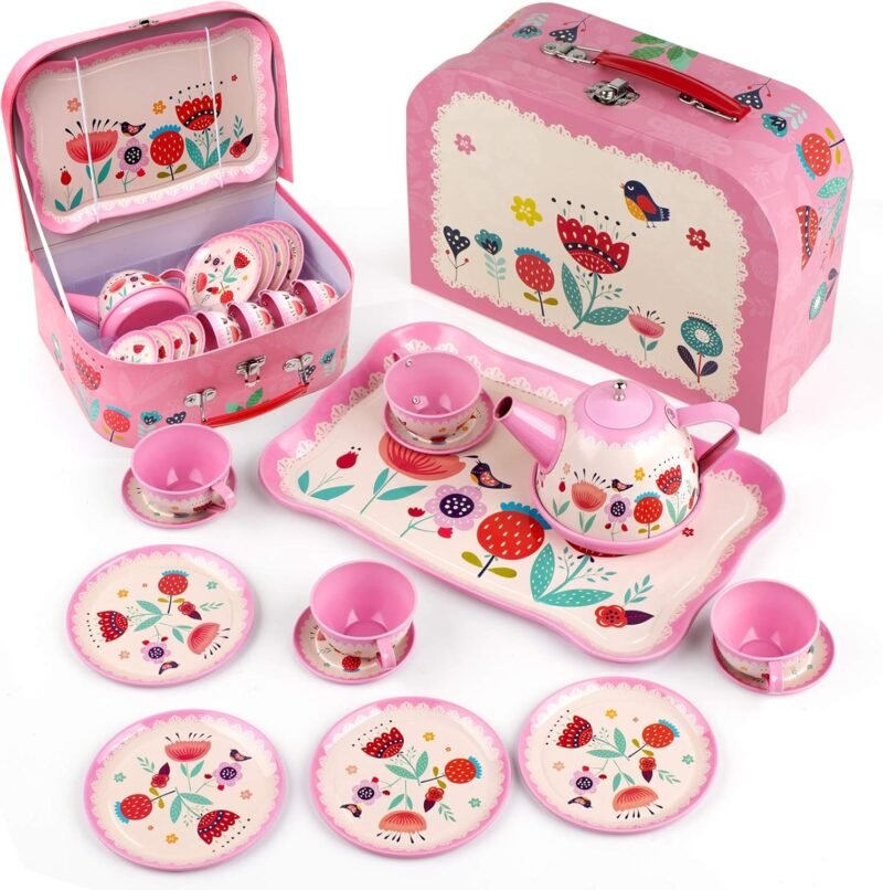 D-FantiX Kids Tea Set for Little Girls, 15Pcs Pink Tin Tea Party Set for Toddlers Afternoon Tea Time Playset with Metal Teapots Tea Cups Play Dishes Princess Toys Gifts with Carry Case