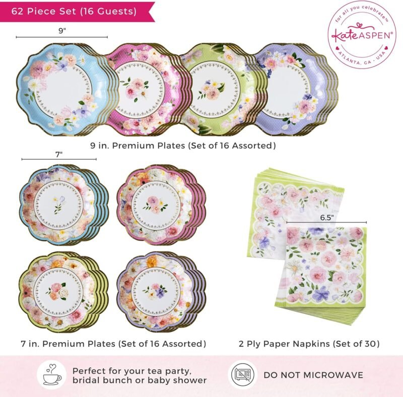 Kate Aspen Tea Party Decorations Tableware Set (62 Pc, 16 Guests), Colorful Pastel Party Supplies for Bridal Showers, Baby Shower, Garden Party, Birthdays - Image 6