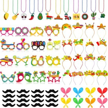 Capoda 80 Pcs Fiesta Party Decorations Sombrero Headband Cinco de Mayo Fiesta Necklaces Bead Mexican Theme Paper Glasses Plastic Maracas Beards For Mexican Carnival Costume Decor