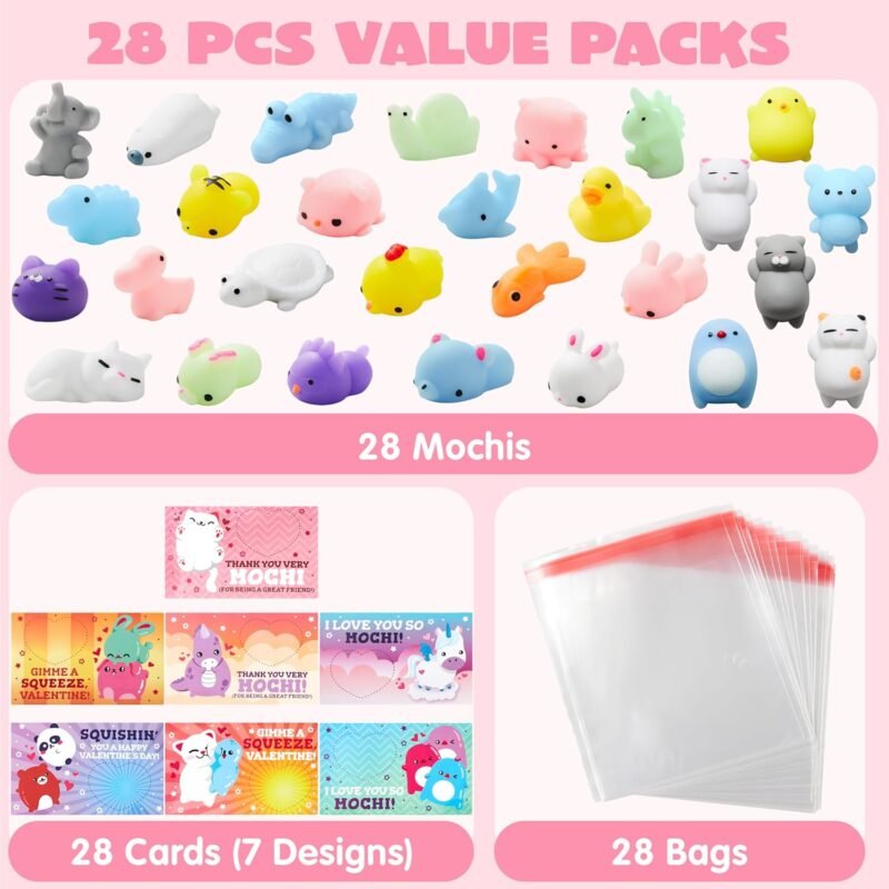JOYIN 28 Packs Squishy Toy Gift Cards for Kids, Kawaii Mochi to Squeeze with Cards, Mochi Squishy Toy Stress Relief Fidget for Kids Classroom Exchange Prizes Party Favor - Image 2