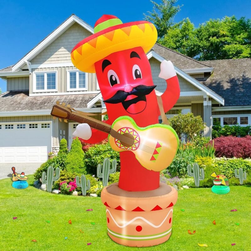 AerWo 6FT Cinco De Mayo Inflatables Chili Mexican Party Decorations, Blow Up May 5 Taco Sombreros Guitar Mexicano Fiesta Party Decorations with Built-in LEDs for Outdoor Garden Lawn Yard - Image 2