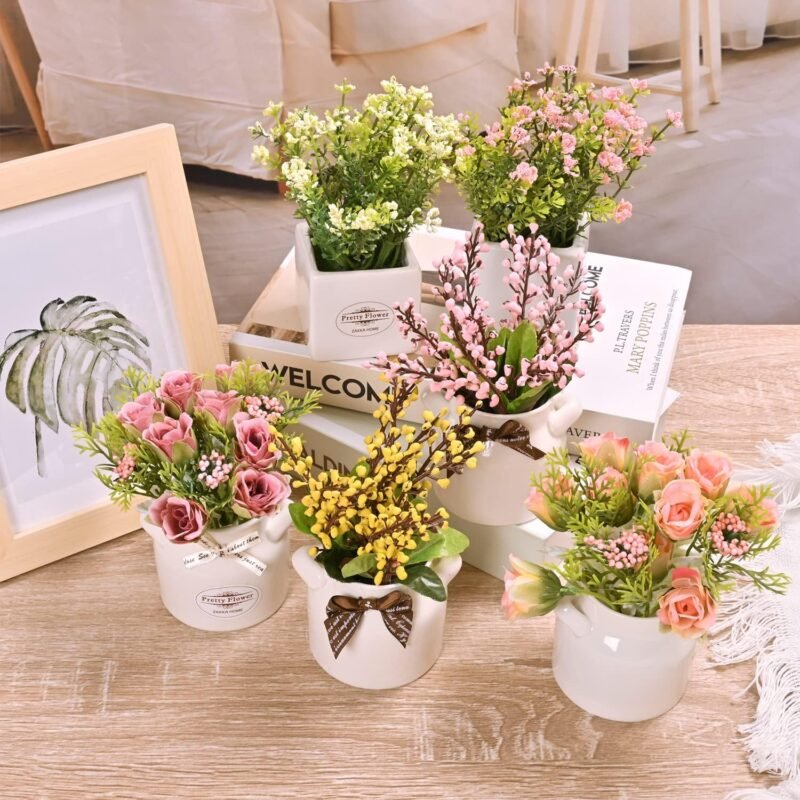 LUEUR 6Pcs Artificial Flowers with Ceramic Pot Fake Flower Arrangements Small Faux Spring Flowers in Vase Home Spring Decor, Centerpiece Table Decorations for Farmhouse Office Shelf Dining Table - Image 4