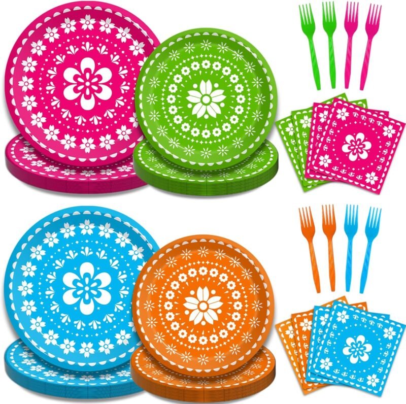 96 Pcs Fiesta Party Plates, Mexican Cinco De Mayo Party Decorations Supplies Mexican Papel Picado Disposable Paper Plates Napkins for Taco Carnival Birthday Baby Shower Tableware, Serves 24