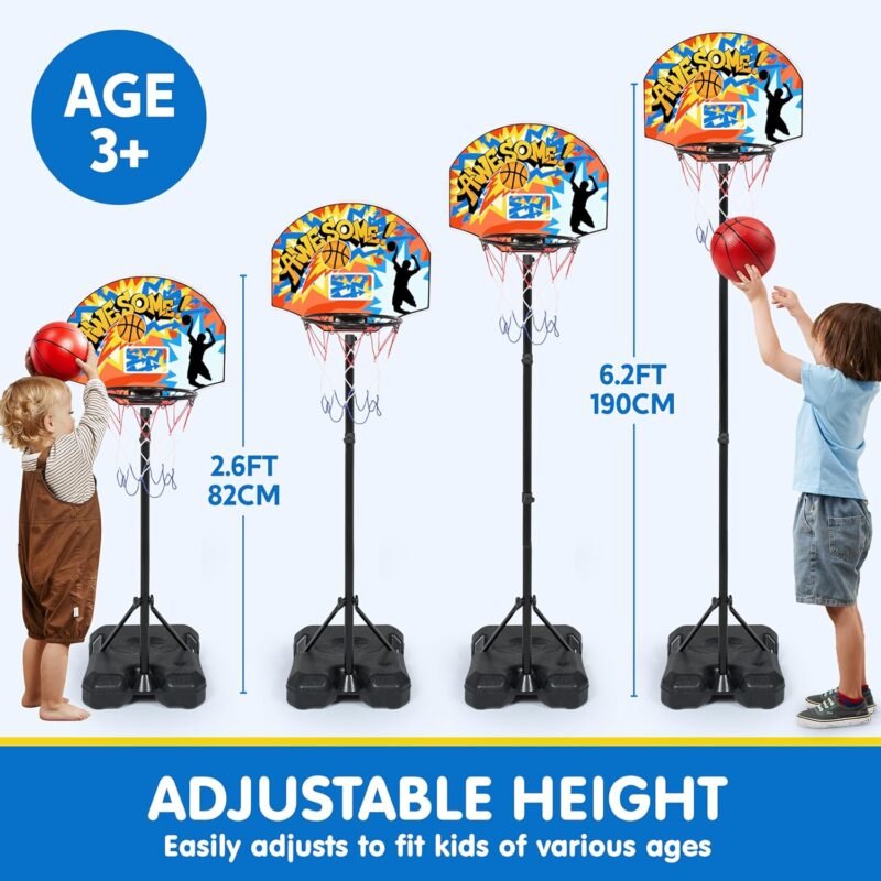 JOYIN Kids Basketball Hoop, Adjustable Height 2.8 ft-6.2 ft Toddler Basketball Hoop for Kids Indoor Outdoor Play Portable Basket Ball for Boys Girls Age 3 4 5 6 7 8 Gift - Image 2