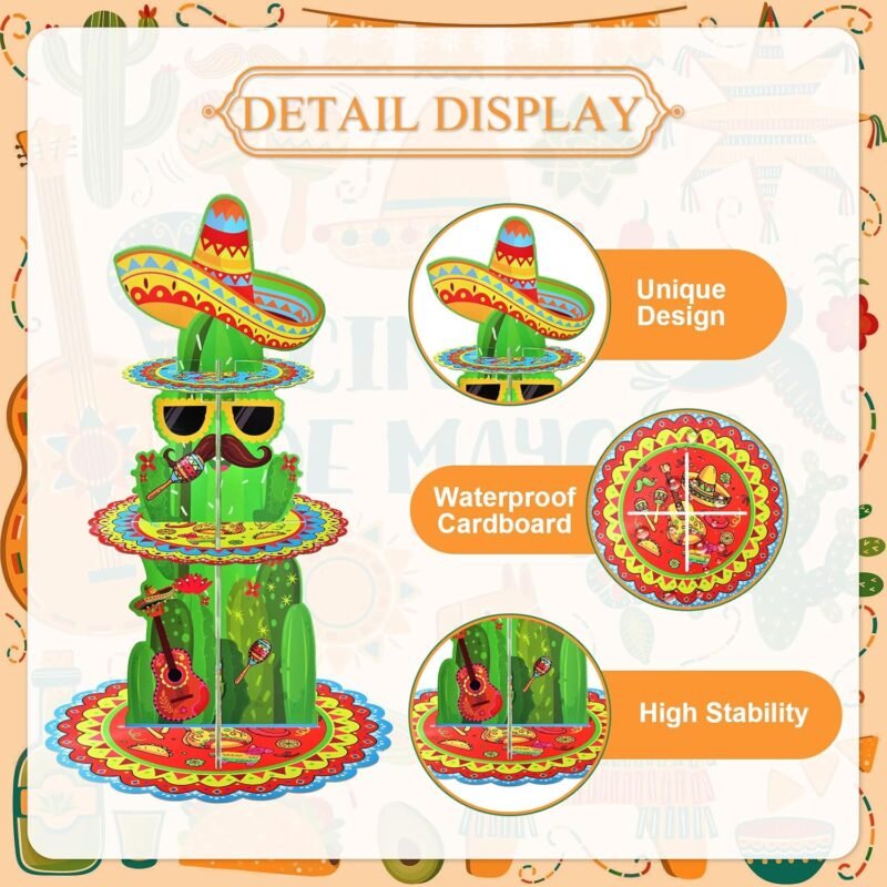 3-Tier Mexican Fiesta Cupcake Stand - 18 Inches Tall, Cactus and Sombrero Design Dessert Stand Holder Display for Cinco de Mayo, Taco Party Supplies, Birthday, and Mexican Theme Decorations - Image 3