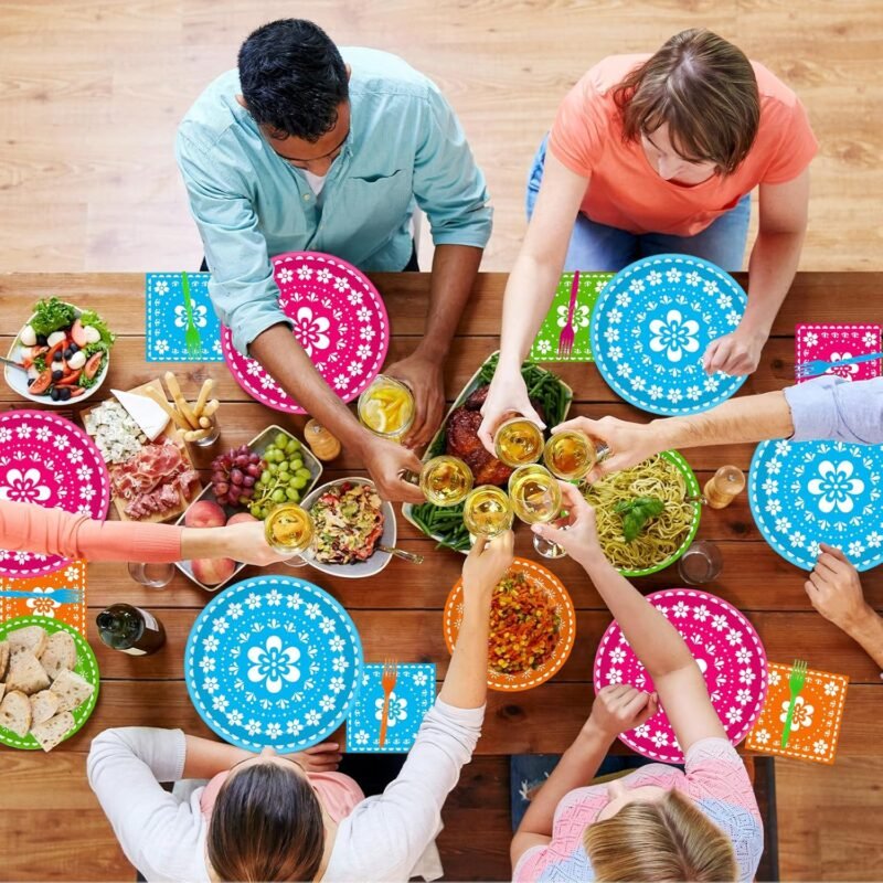96 Pcs Fiesta Party Plates, Mexican Cinco De Mayo Party Decorations Supplies Mexican Papel Picado Disposable Paper Plates Napkins for Taco Carnival Birthday Baby Shower Tableware, Serves 24 - Image 6
