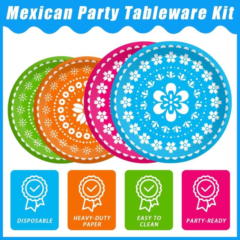 96 Pcs Fiesta Party Plates, Mexican Cinco De Mayo Party Decorations Supplies Mexican Papel Picado Disposable Paper Plates Napkins for Taco Carnival Birthday Baby Shower Tableware, Serves 24 - Image 3