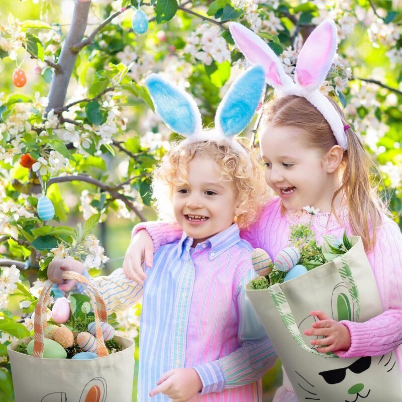 Weewooday 2 Pcs Easter Tote Bags for Kids Easter Canvas Gift Bags Bunny Ears Basket Bags for Boy Girl - Image 4