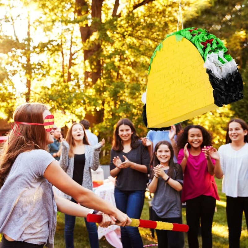 Mini Taco Piñata Mexican Decorations Taco Party Supplies Fiesta Cinco De Mayo Party Decorations with Wooden Stick Paper Blindfold Confetti Set for Adults Girls and Boys, 15.8x 10.3 x 2.8 Inch - Image 4